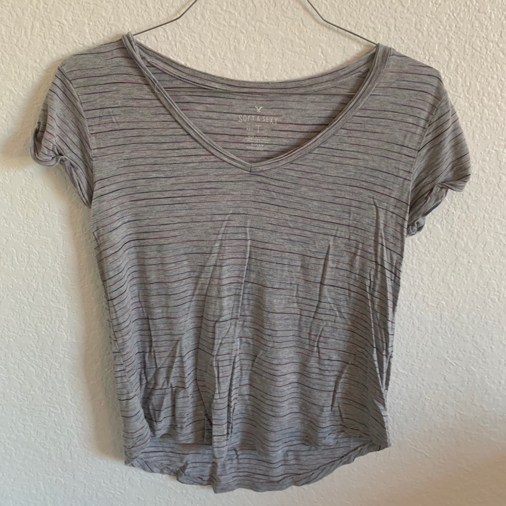 american eagle striped grey vneck